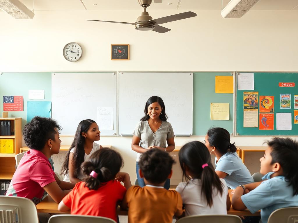 Profesora y estudiantes en una sala de clases