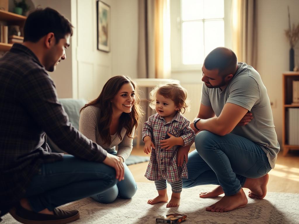 Madre y padre conversando a la altura de su hija pequeña en casa