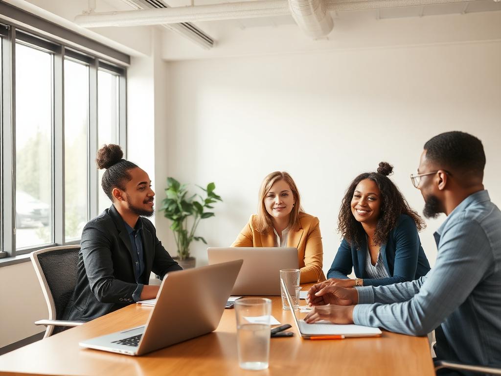 Equipo de trabajo diverso conversando en una reunión