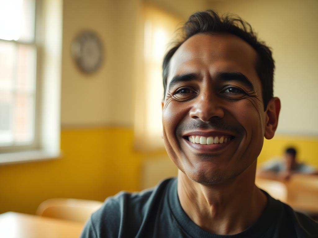 Persona adulta sonriendo en un espacio comunitario